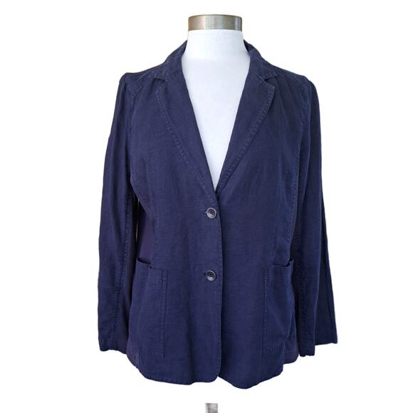 EILEEN FISHER Navy Blue Irish Linen Casual Blazer Medium Cotton Side Panels - Picture 1 of 8